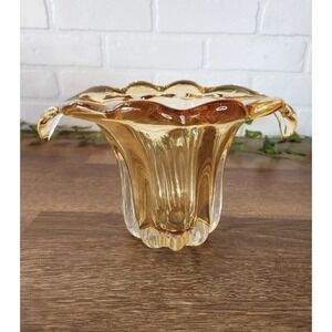 Vtg Hand Blown Art Glass Waterfall Pale Yellow Gold Thick Vase Heavy Teleflora